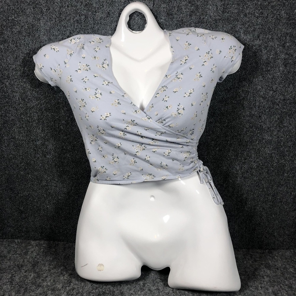 Hollister Wrap Crop Top Womens S Blue Floral Side Tie V‎ Neck Tee